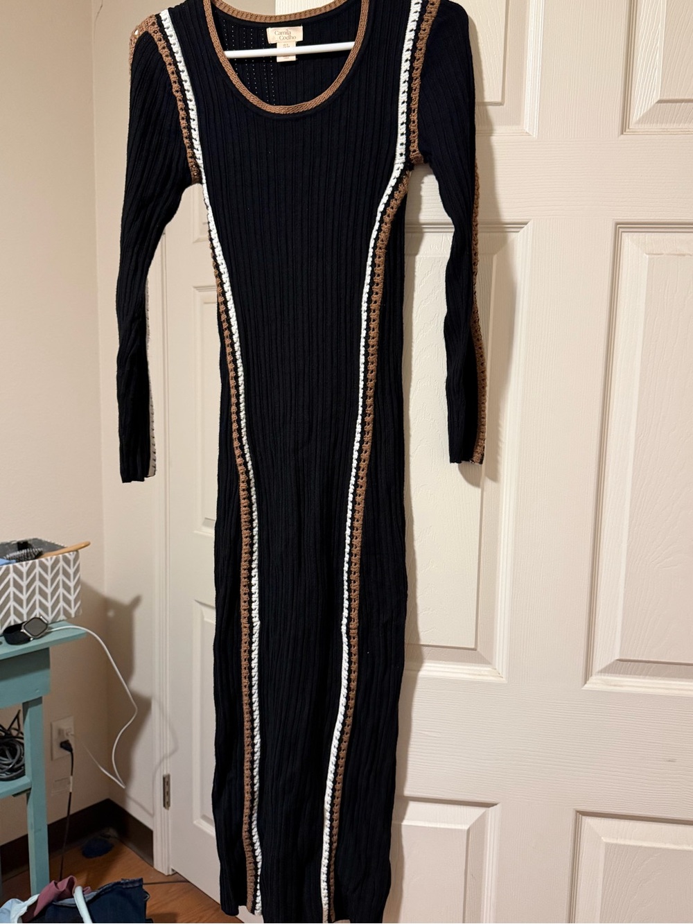 Camila Coelho Black Maxi Dress with Brown & White Trim